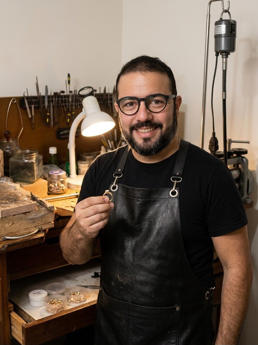 Jozimar no ateliê, segurando um anel diante da bancada